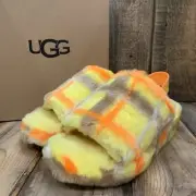 UGG FLUFF YEAH SLIDE PLAID PUNK YELLOW MULTI SLINGBACK SLIPPER WOMENS US 8