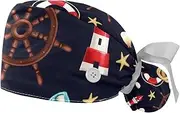 [WOSHJIUK] Working Hat 2 Pack Scrub Caps for Women,Lighthouse Anchor and Starfish,Tie Back Cap Adjustable Scrub Hat