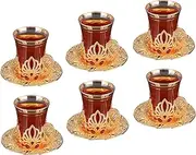 LaModaHome Fancy Vintage Handmade Turkish Tea Glasses with Saucer and Holders, Ottoman and Arabic Cups Set of 6 for Serving Guests, Teatime, Dinner, Housewarming Gifts, Events, Tableware - Gold