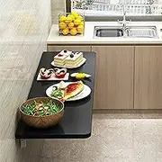 Floating Kitchen Cafe Dining Table with Shelves Wall Mounted Fold Down Drop Leaf Table for Home Office Bedroom Hanging Computer Desk with Wooden Learning Tables Black (70x50cm)