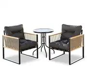 ALFORDSON Outdoor Patio Bistro Set with UV-Resistant PE Wicker, Conversation Set with 2X Armchairs and R60x70cm Coffee Table, Lounge Chair & Side Table with Water-Resistant Cushions, Dark Grey