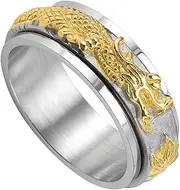 Tckyi 8mm Stainless Steel Dragon Design Spinner Ring for Men, Two-Tone Silver and Gold Plated, Rotating Band