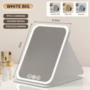 White Large Foldable LED Makeup Mirror - Portable Desktop Vanity with 3 Color Lights, Stepless Dimming & Adjustable Stand