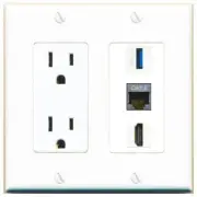 3 Port Power Outlet Cover Plug Jack UL 2 Gang CAT7 HD USB-3 Wall Plate