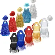 Girls Sequined Dance Outfit Crop Top + Skirt + Hat Jazz Latin Ballroom Costume
