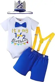 [Highnesson-ww] Baby Boy Funny 1/2st Birthday Clothes Infant Clothes Bow Tie Themed Romper Pants Set Suspenders