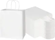 Toovip 100 Pack 8x4.75x10 Inch Medium White Kraft Paper Bags with Handles Bulk, Gift Wrap Bags for Favors Grocery Retail Party Birthday Shopping Business Goody Craft Merchandise Take Out Bags Sacks