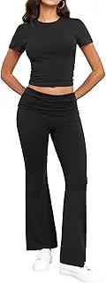 [FIOPHY] Casual Workout Two Piece Outfits for Women Short Sleeve Crop High Waist Foldover Flare Pants Tracksuit Sets Streetwear