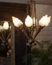 Vintage Art Deco Mashaal 6 Light Chandelier in Brass & Frosted Glass Lamp