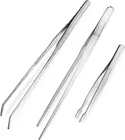 HOMSFOU 3pcs Extra Stainless Tweezers for Gardening Cooking and Aquascaping Includes Curved Pointed Flat Tip Tweezers