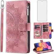Phone Case for Samsung Galaxy A10 Wallet Cover With Tempered Glass Screen Protector and Wrist Strap Mandala Flower Flip Zipper Credit Card Holder Cell A 10 10A SM A105M 6.2 inch Women Men Rose Gold