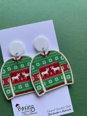 Christmas Dangle Earrings, Ugly Sweater Jumper, Xmas Pattern, White Acrylic