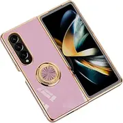 [EiYioun] Silicone Case for Samsung Galaxy Z Fold 4 with Magnetic Attraction Metal Ring Holder Stand, Edge Plated Shockproof Non-Slip Ultra Thin Phone Protective Cover