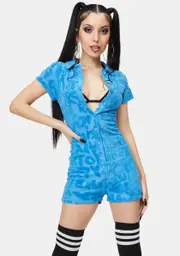 [Jaded London] Blue Graffiti Embossed Towelling Playsuit