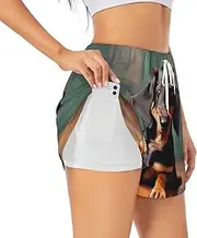 [WURTON] Cute Dachshund Duggee Print Exercise Gym Workout Shorts Women's Athletic Shorts Dual-Layered Yoga Running Shorts