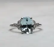 2.37 Ct Oval Cut Natural Aquamarine Diamond Proposal Ring 14K solid White gold