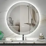 furduzz 700mm Round LED Bathroom Mirror, Anti-Fog Circle Illuminated Wall Mounted Vanity Mirror with Anti-Fog, 3 Colors, Memory, Dimmable, White Stripe Pattern Design