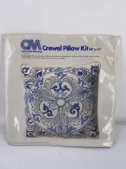 Columbia Minerva Crewel Embroidery Blue Brocade Pillow Kit Leaves Scrolls 1977