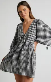 Rosita Mini Dress - Tie Front Puff Sleeve Dress in Black and White Check
