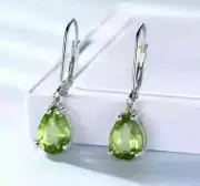 Lab Created 3Ct Pear Cut Peridot Drop/Dangle Earrings 14K White Gold Plated
