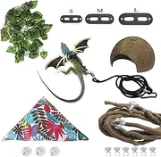 PINVNBY Bearded Dragon Leash Harness,Adjustable Leather Bat Wings Lizard Habitat Tank Accessories Reptile Hammock Natural Coconut Shell Climbing Jungle Bendable Vines Decor for Gecko Chameleon