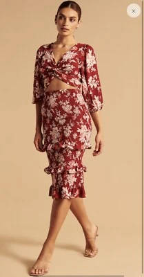 ABERCROMBIE & FITCH Smocked crop top and smocked midi skirt set XS red Floral