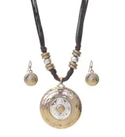 Two-tone Metal Disc Pendant and Multi Cord Necklace and Earrings Set
