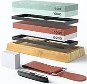 Knife Sharpening System, Professional Whetstone 4 Side Grit 400/1000 3000/8000, Premium Wet Stone Sharpening Kit with Leather Strop, Non-Slip Bamboo Base, Angle Guide & Flattening Stone