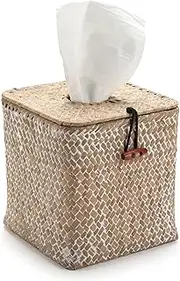 Tissue Box Cover Square, Seagrass Tissue Box Holder, Woven Facial Tissue Holder, Rattan Wicker Tissue Box, Decorative Tissue Cover for Dinner Table, Living Room, Bathroom, Bedroom, Office (Whitewash)