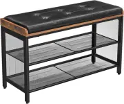 Padded Storage Bench with Mesh Shelf Shoe Rack Metal Frame Space Saving