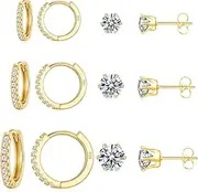 [Tomovely] Huggie Hoop and Stud Earrings Set 14K Gold Plated Post Cartilage Piercing Earrings Gold Stud Earrings Set Women/Men