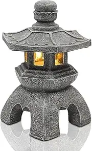 Nacome Solar Pagoda Lantern Garden Statue,Indoor/Outdoor Zen Asian Decor for Landscape Balcony,Garden,Patio,Porch Yard Art Ornament,Polyresin, Gray Stone Finish