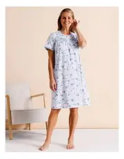 [Soho] Timeless Knit Short Sleeve Pintuck Nightie in Blue Floral Print