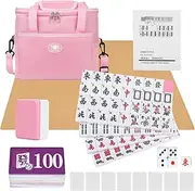 QYMZKA Chinese Large Mahjong Set, 144 Numbered Melamine 1.42" Size Tiles(Pink) and 8 Blank Tiles, with Pink Carrying Travel Bag, English Instruction, Pro Complete Mahjong Game Set