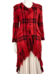 Red Wool Tartan Fringe Coat