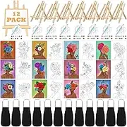 Motipuns 12 Set Pre Drawn Canvas for Painting with Easels Sip and Paint Kit Drawn Paint Kit with Printed Canvas Paints Brushes Palette Bag Apron for Adults(8 x 8 Inch)