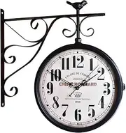 Double Sided Metal Wall Clock | Indoor/Outdoor Iron Retro Antique Hanging Clock with 360-Degree Spin Functionality, Retro Train Station Clock for Patio Garden Home Use Decorative