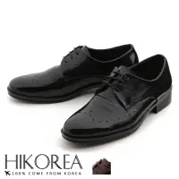 在飛比找momo購物網優惠-【HIKOREA】韓國空運。質感皮革拼接牛津雕花紳士尖頭皮鞋