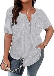 [Viracy] Plus Size Womens Tops 1/4 Zip Up Casual Shirts Lightweight Short Sleeve Tunics