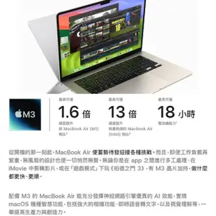 【Apple】MacBook Air 15.3吋 M3 晶片 8核心CPU 與 10核心GPU 16G/512G SSD