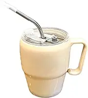 Glass Cups with Lids and Straws | Cold Drinks Letter Printing Glass | Multi Purpose Straw Cup with Handle for Iced Hot Drinks for Restaurant Kitchen Wedding Picnic Camping