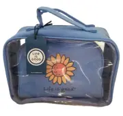 Life Is Good 2 Piece Set Train Case Cosmetic Bags Blue With Daisy NWT