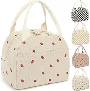 Lunch Bag for Women Girls Cute Corduroy Lunch Tote Bags Reusable Insulated Lunch Box Large Capacity Reusable Insulated Cooler for Work Picnic or Travel(Beige Strawberry)