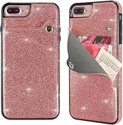 UEEBAI Case for iPhone SE 2020 iPhone 7 iPhone 8, Premium Glitter PU Leather Back Case Slim TPU case [Card Slots] Safty Magnetic Snap Stand Function Shockproof Durable Back Wallet Cover - Rose Gold