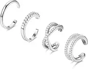 [Kakonia] 4PC 925 Sterling Silver Ear Cuffs for Women CZ Non-Piercing Fake Helix Cartilage Cuff Earrings Set Hypoallergenic Sparkling Round Huggie Cartilage Earring Jewelry Gifts