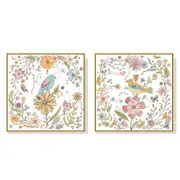 Wall Art Floral Birds 2 Sets Gold Frame Canvas