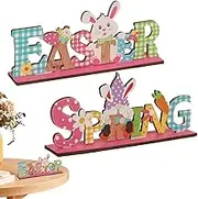 Easter Tabletop Sign - Spring Decor Bunny Gnome Wooden Sign,2X Colorful Letter Table Centerpieces Desk Decor for Home Party Mantle Shelf Holiday