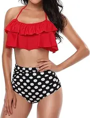 [Heat Move] Women Retro Flounce High Waisted Bikini Halter Neck Two Piece Swimsuit