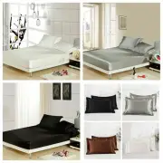 New Solid Color Silk Satin Fitted Sheet Set Queen King Size Bedding Pillowcase