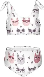 [Joisal] Cat with Glasses Girls Bathing Suits 2 Piece with Adjustable Strap Girls Bathing Suit Size 10